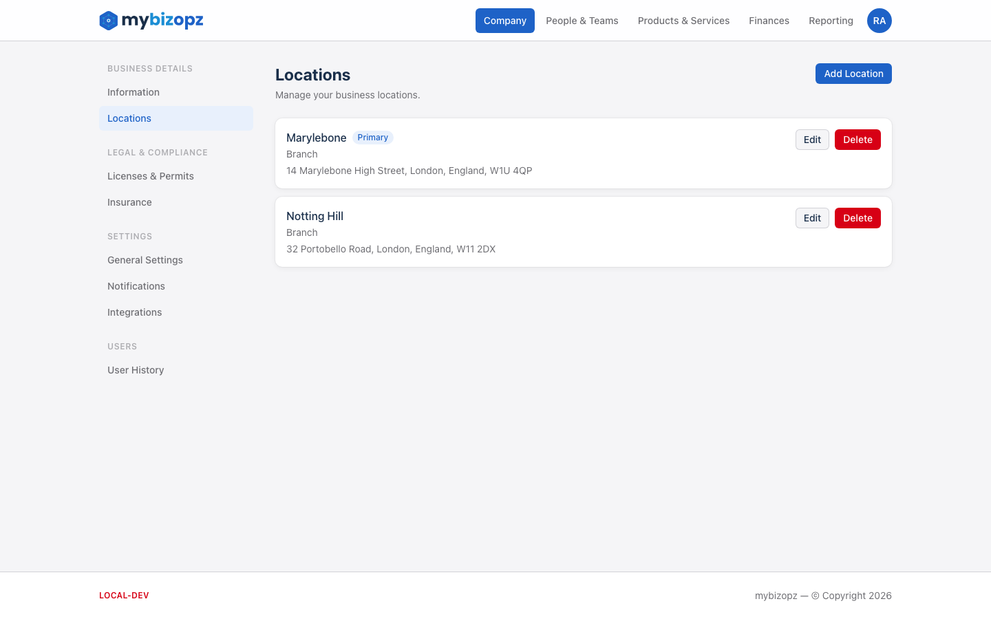 Multiple business locations management in mybizopz